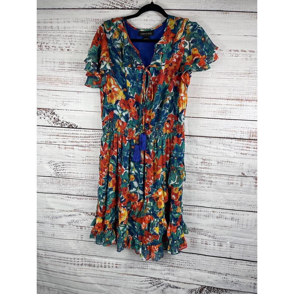 Duro Olowu Dress Women's Large Multicolor Floral Boho Ruffle Tassel Midi Summer